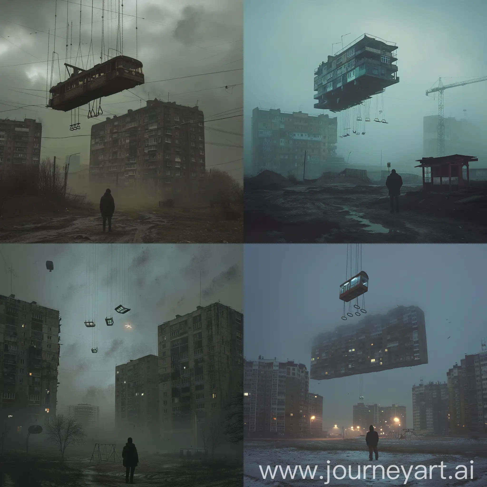 Alone-Man-Confronts-Surreal-Floating-Town-at-Dusk