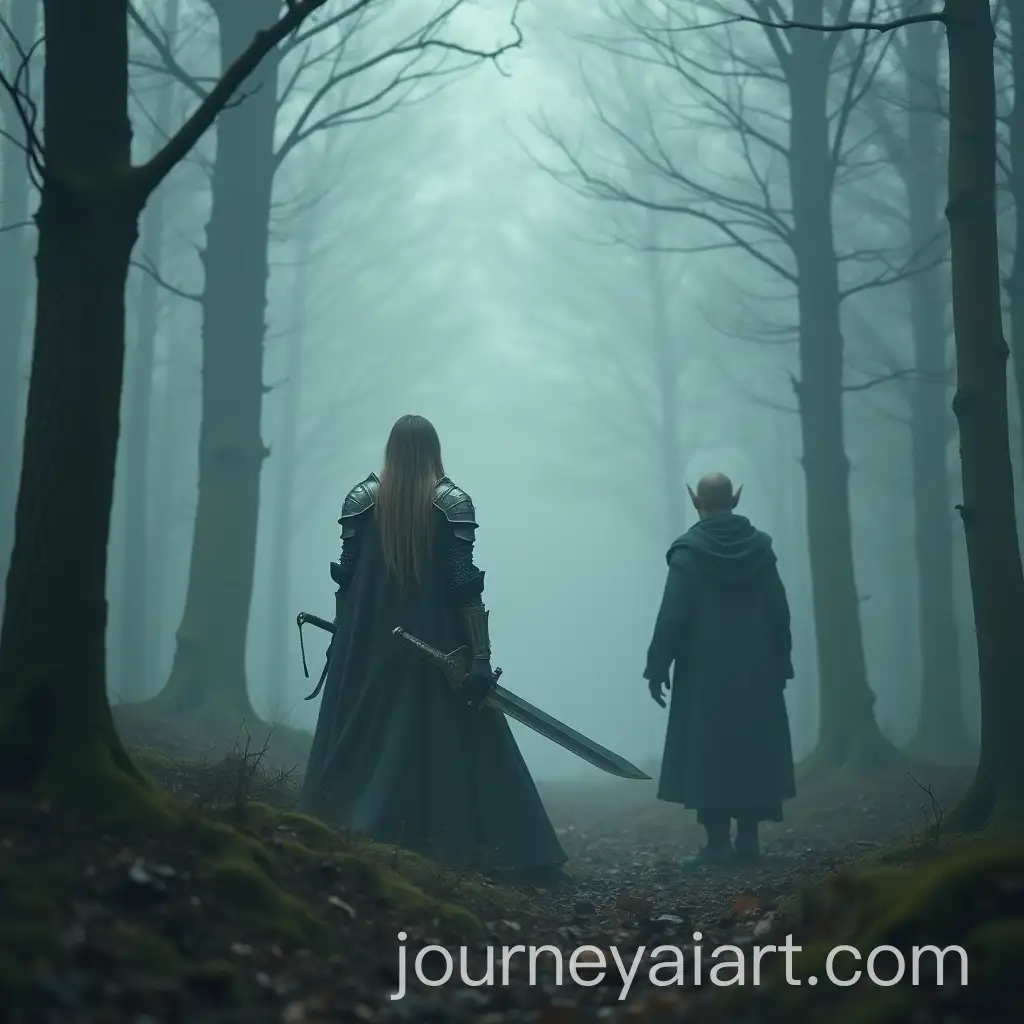 Fantasy-Scene-Tiefling-Warrior-and-Elven-Mage-Emerging-from-Foggy-Forest