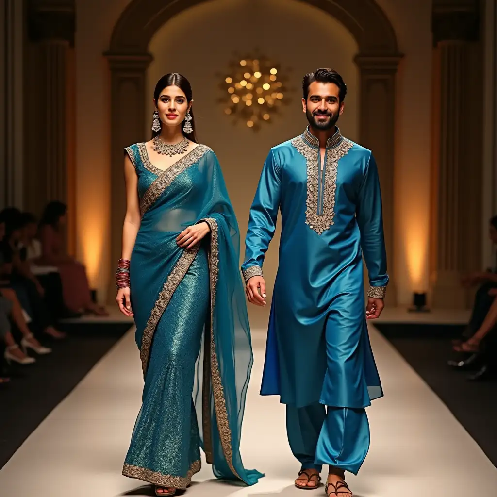 An elegant 30 year-old Persian woman confidently walking on a ramp wearing traditional Persian attire such as a beautiful blue dress . A young man around same age in traditional peacock blue color traditional Persian dress walking with her smilingly. She has a graceful posture, exuding confidence and charm. The saree is adorned with intricate embroidery, vibrant colors, and matching accessories like bangles, earrings, and a necklace. The ramp is well-lit with a spotlight on her, highlighting her graceful walk. The background has an elegant, minimalistic setting, with soft lighting that accentuates her and her attire. The woman’s expression is poised and self-assured, showcasing timeless beauty. Golden lights in background