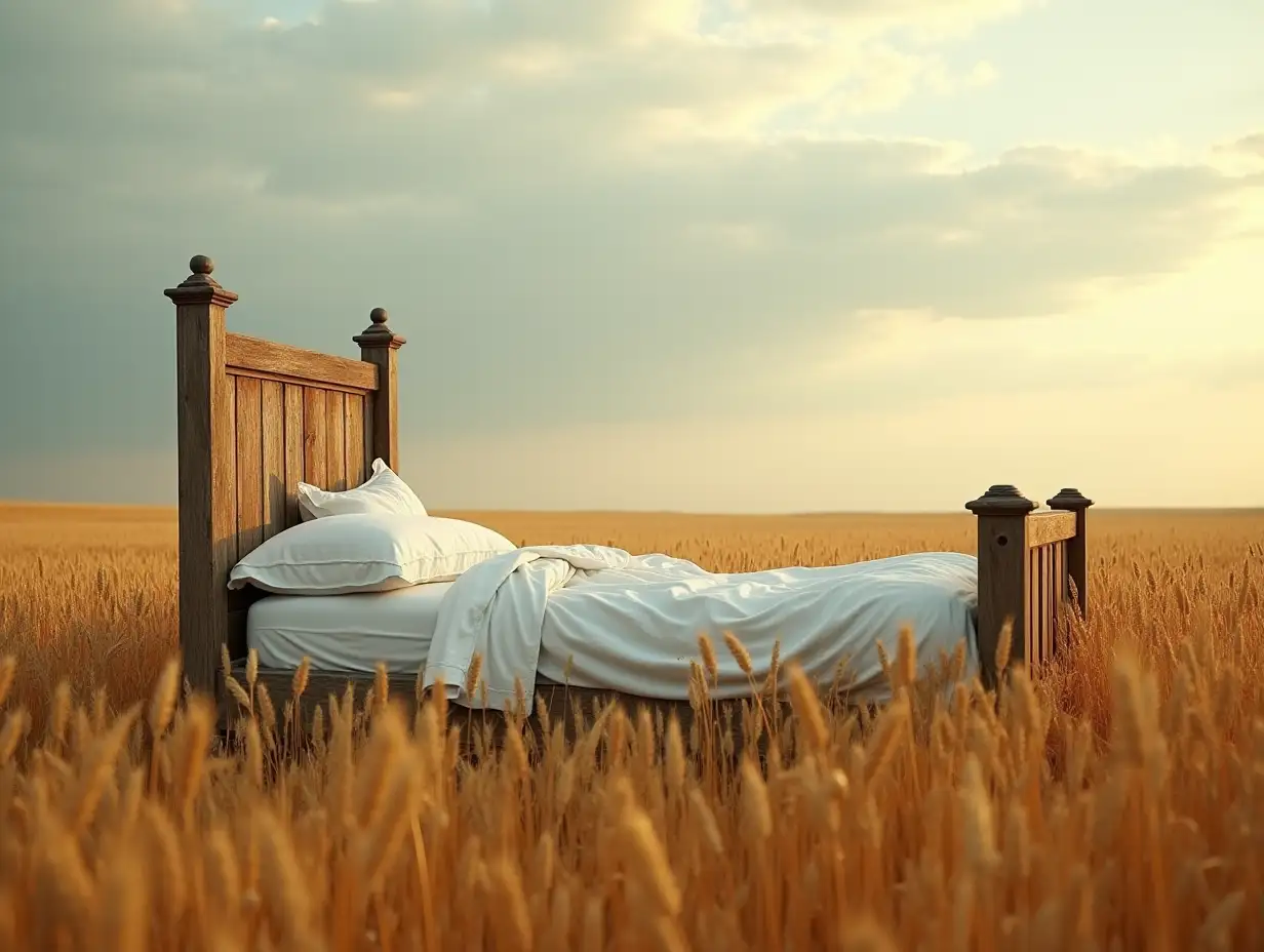 surrealism photography: Old wooden bed with white sheets in the middle of a golden wheat field, surrounded by tall wheat under a cloudy sky. ultra realistic, UHD