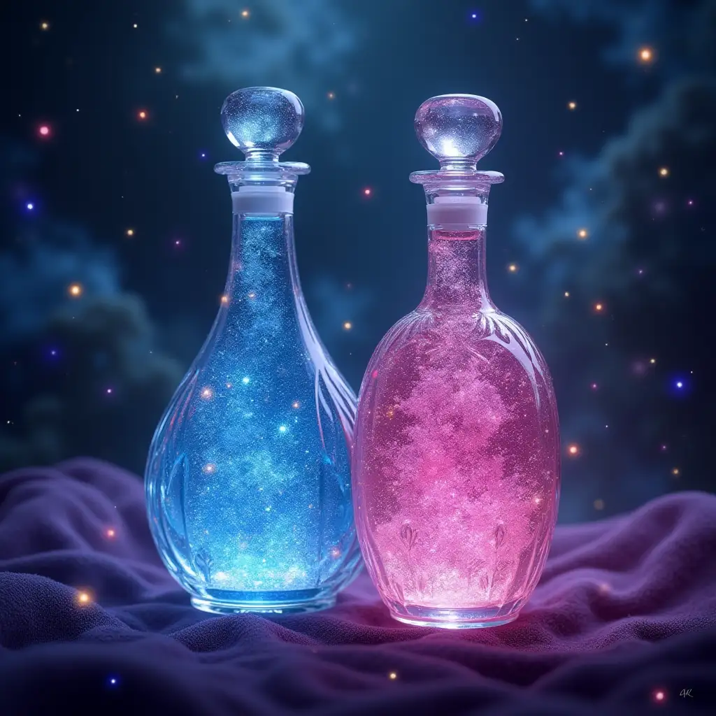 generate an image: masterpiece, 8K, UHD, two precious crystal bottles, one filled with a mesmerizing blue pearlescent liquid that shimmers and glows softly, the other containing vibrant pink sparkling soda with effervescent bubbles rising, elegantly shaped with intricate etchings on the glass, placed on a velvet cloth, surrounded by a fantasy magical background, swirling nebulae with stars twinkling, enchanting wisps of ethereal light dancing around, rich colors and textures, whimsical atmosphere, hints of mystical creatures peeking through, dynamic angle, captivating and inviting feel, conveying a sense of wonder and adventure