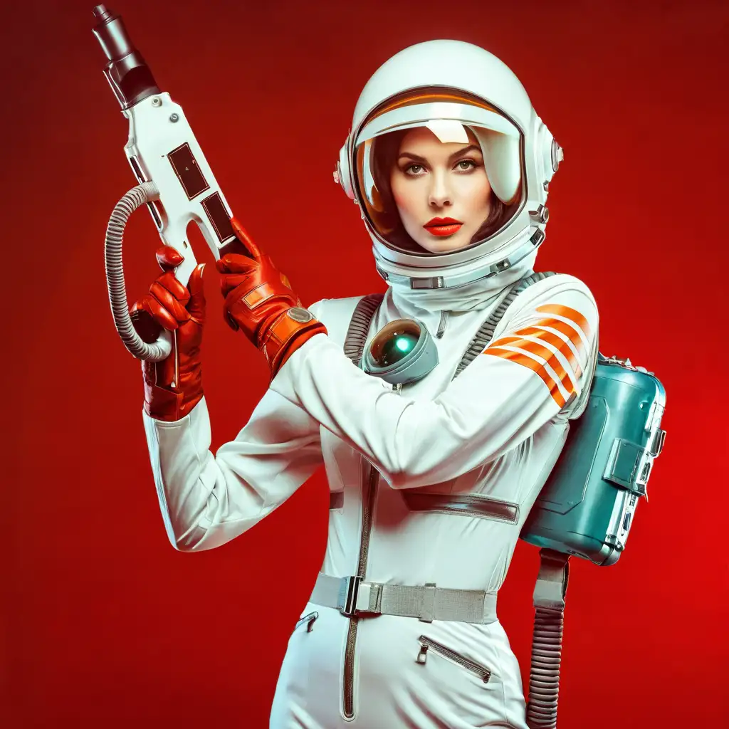 Retro Futuristic Portrait of a Woman in a Space Suit Holding a Weapon