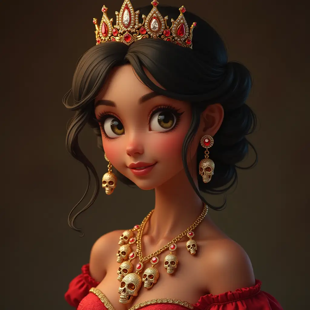 Princess with ruby gold necklace with diamond skulls golden shoes