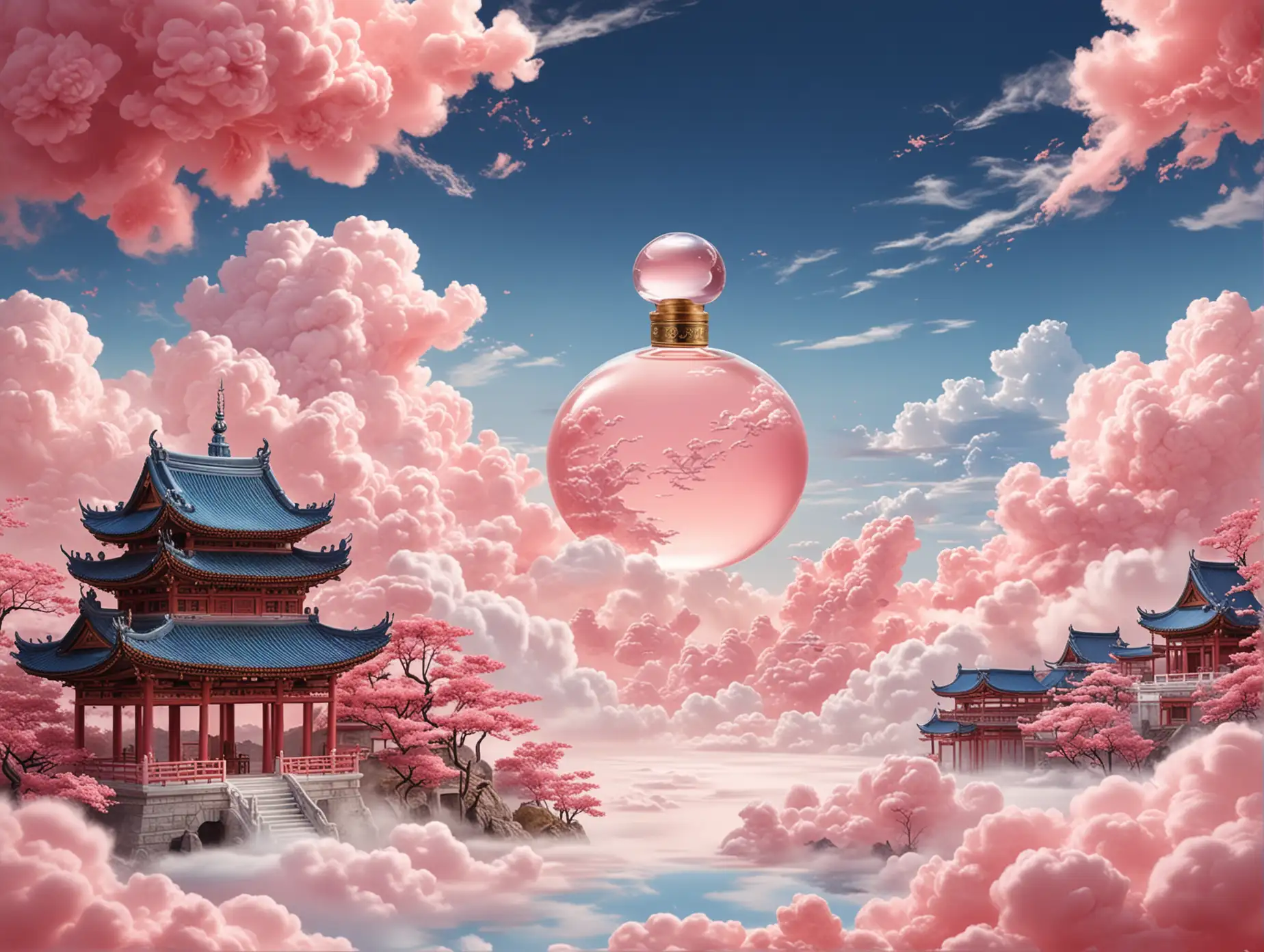 An ethereal landscape featuring a large pink cloudscape with stylized traditional Asian buildings in the background. In the center, a sleek perfume bottle is prominently displayed, radiating elegance. Above, a whimsical character floats gracefully, surrounded by soft, light colors, and the brand name Thanmelin is artistically presented at the top against a deep blue sky with a large moon.