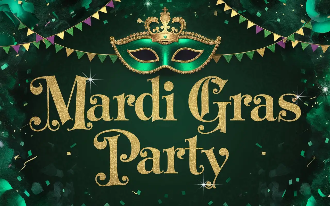 Mardi-Gras-Party-Text-with-Gold-Crown-and-Mask-on-Emerald-Background