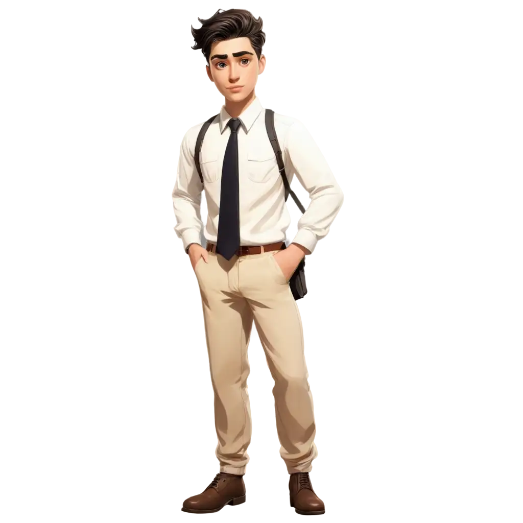 2D-Cartoon-PNG-Image-of-Male-Student-in-White-Shirt-Cream-Pants-and-Black-Tie-with-Military-Hairstyle-in-Ready-Position