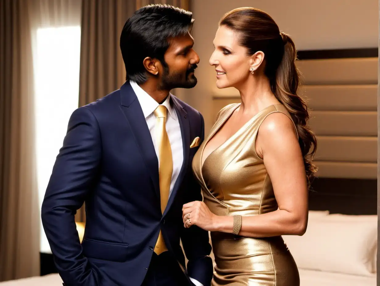 Romantic-Pose-Stephanie-McMahon-and-Dhanush-in-Golden-Bodycon-Dress