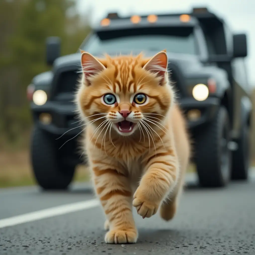 A fluffy ginger cat, in horror, runs down the road, one eye blue, the other yellow, a large black RAM TRX truck chases after it