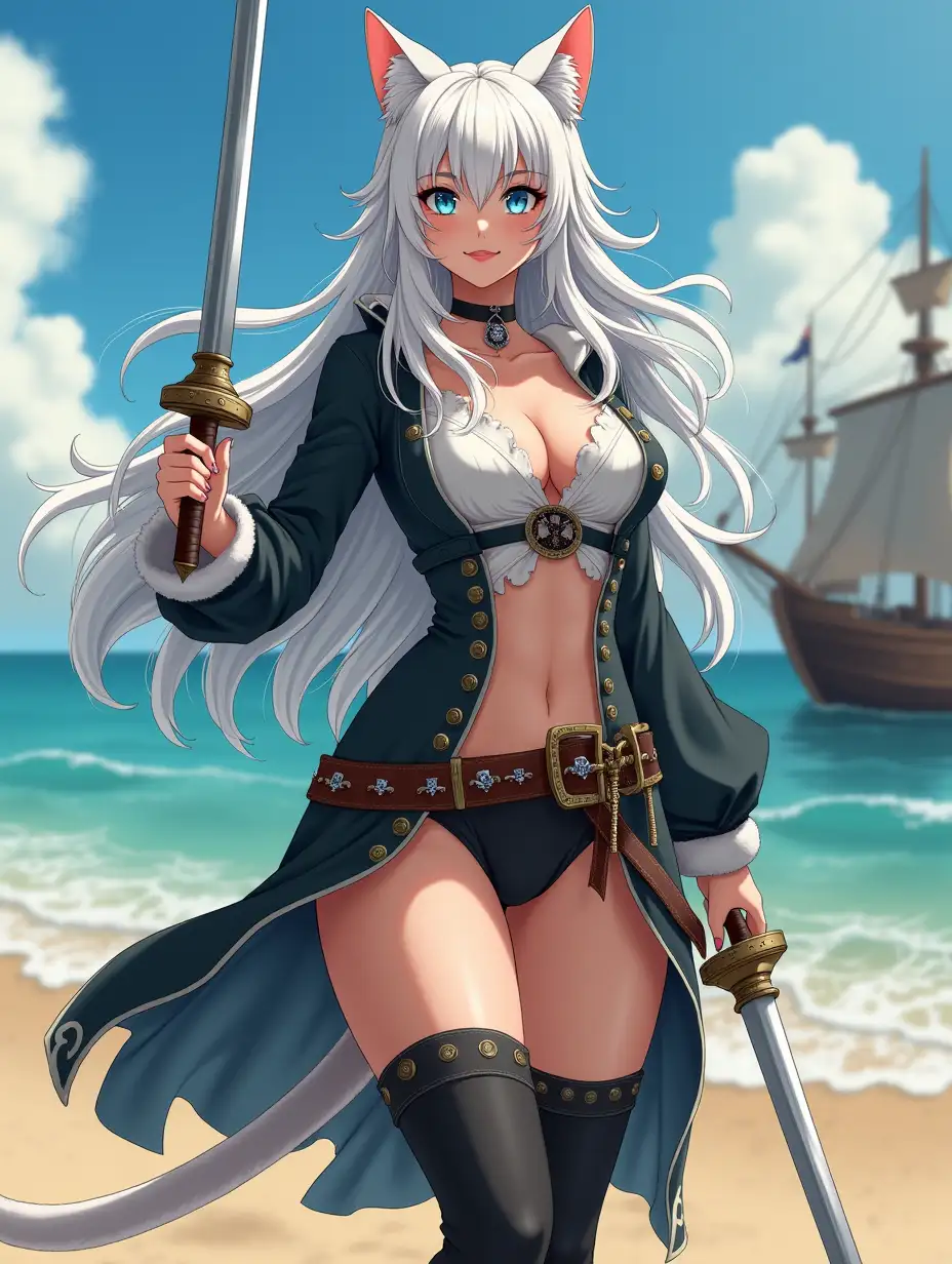 A mature adult feline/woman dressed as a pirate with a sword on a beach.  A pirate ship in the background. Her 30-something years are disguised by her youthful facial features, except for her subtle wrinkles around the eyes, extremely slender body. Her ample bosom strains against her clothing, threatening to burst free from the fabric, extreme cleavage.  Wearing black thigh high pirate boots. She has piercing blue cat eyes. A choker adorns her neck, a subtle hint at her feline nature. Her long, white hair cascades down her back like a wild waterfall, tangled and disheveled. Her cat-like teeth glint in the light, as her white fur-lined ears punctuate her visage with sparkling black and gold earring adorns each ear, adding a touch of elegance to her feline features. Cat whiskers on her face. The attached tail at the base of her spine stirs lazily.  Long fingernails. Full body view. Anime.