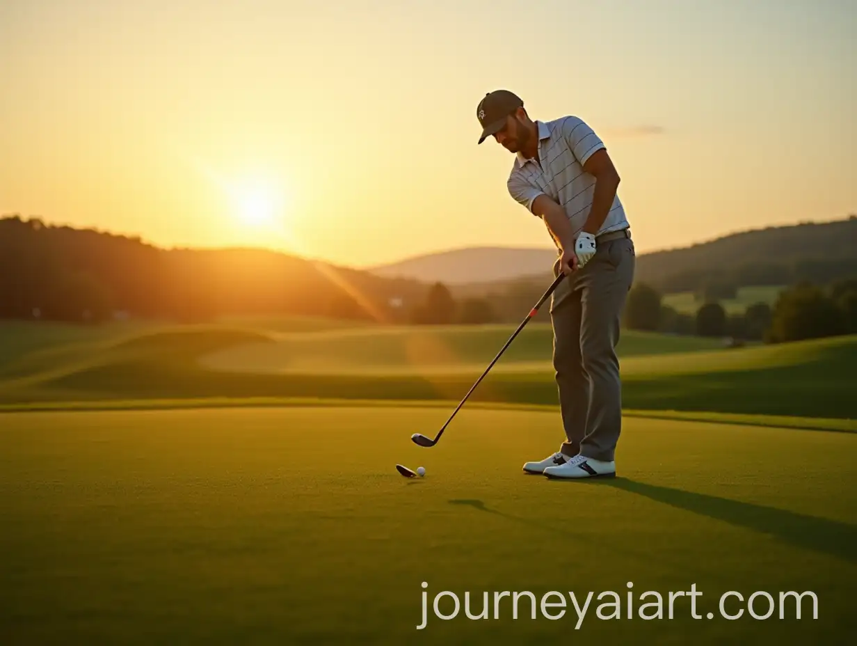 Golfer-Poised-at-Address-with-Sunset-Over-Scenic-Golf-Course