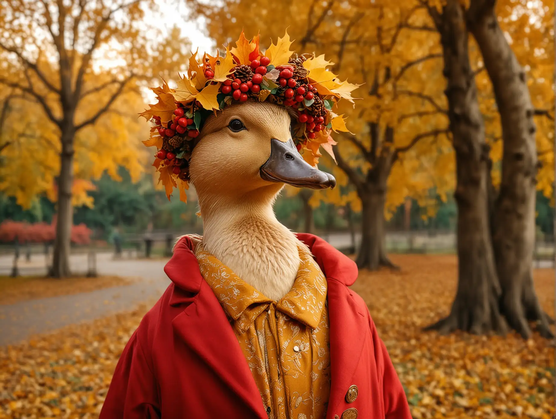 Duck-in-Red-Coat-with-Maple-Leaf-Wreath-in-Autumn-Park