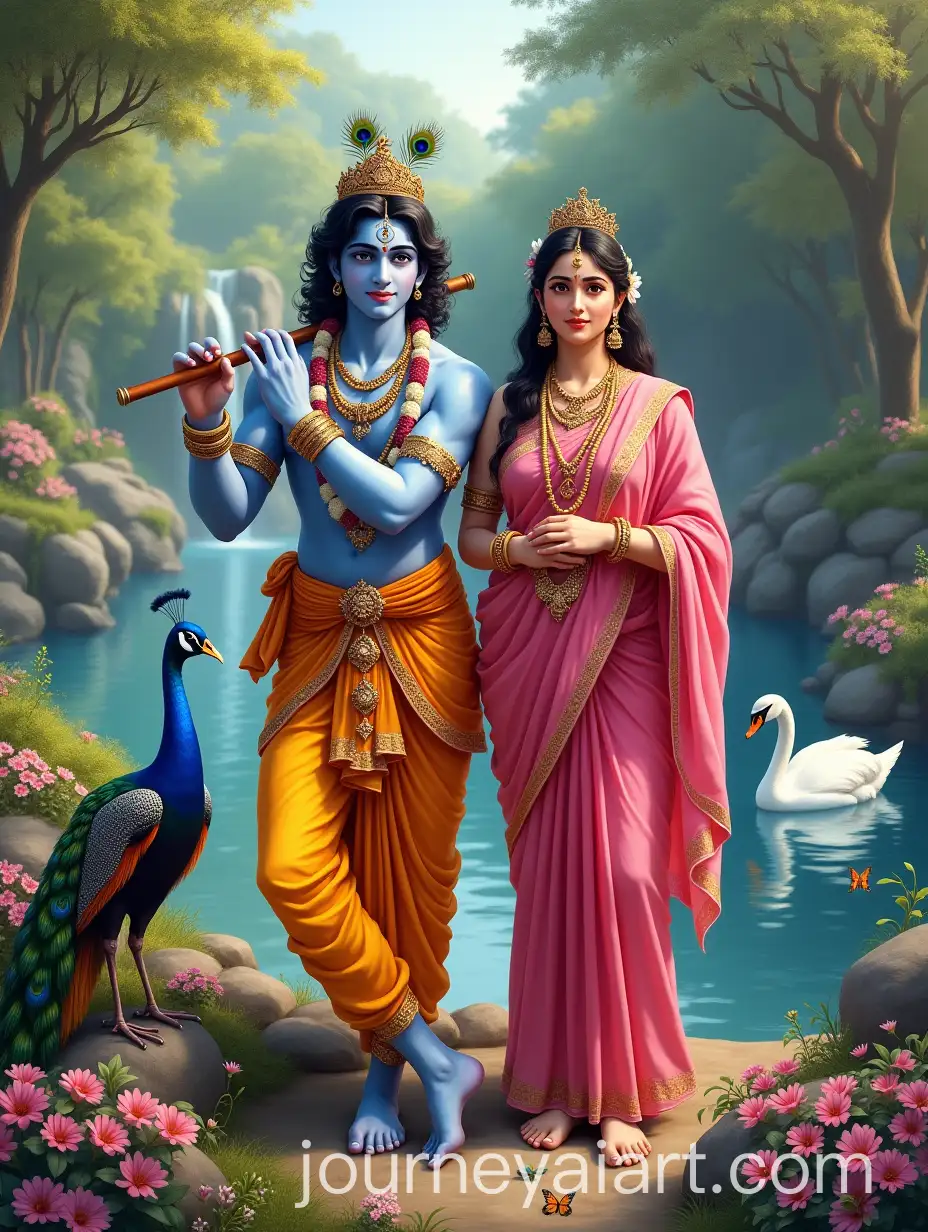 Krishna-and-Radha-in-a-Serene-Garden-with-Peacock-and-Butterfly
