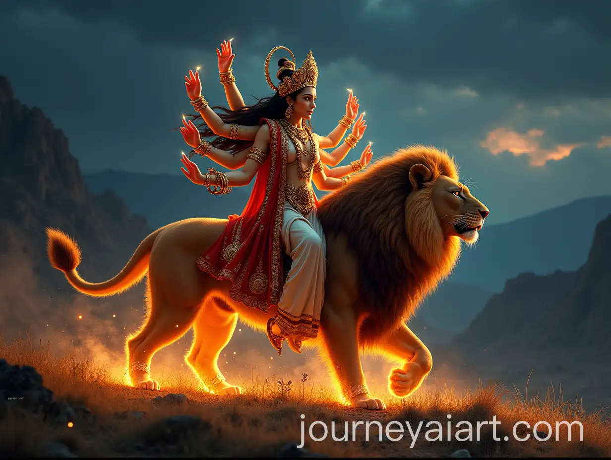 Goddess-Kalka-Mata-with-Ten-Arms-Riding-a-Lion-AmidAI-Image-Prompt-Expansionst-Night-and-Fire-in-the-Hills