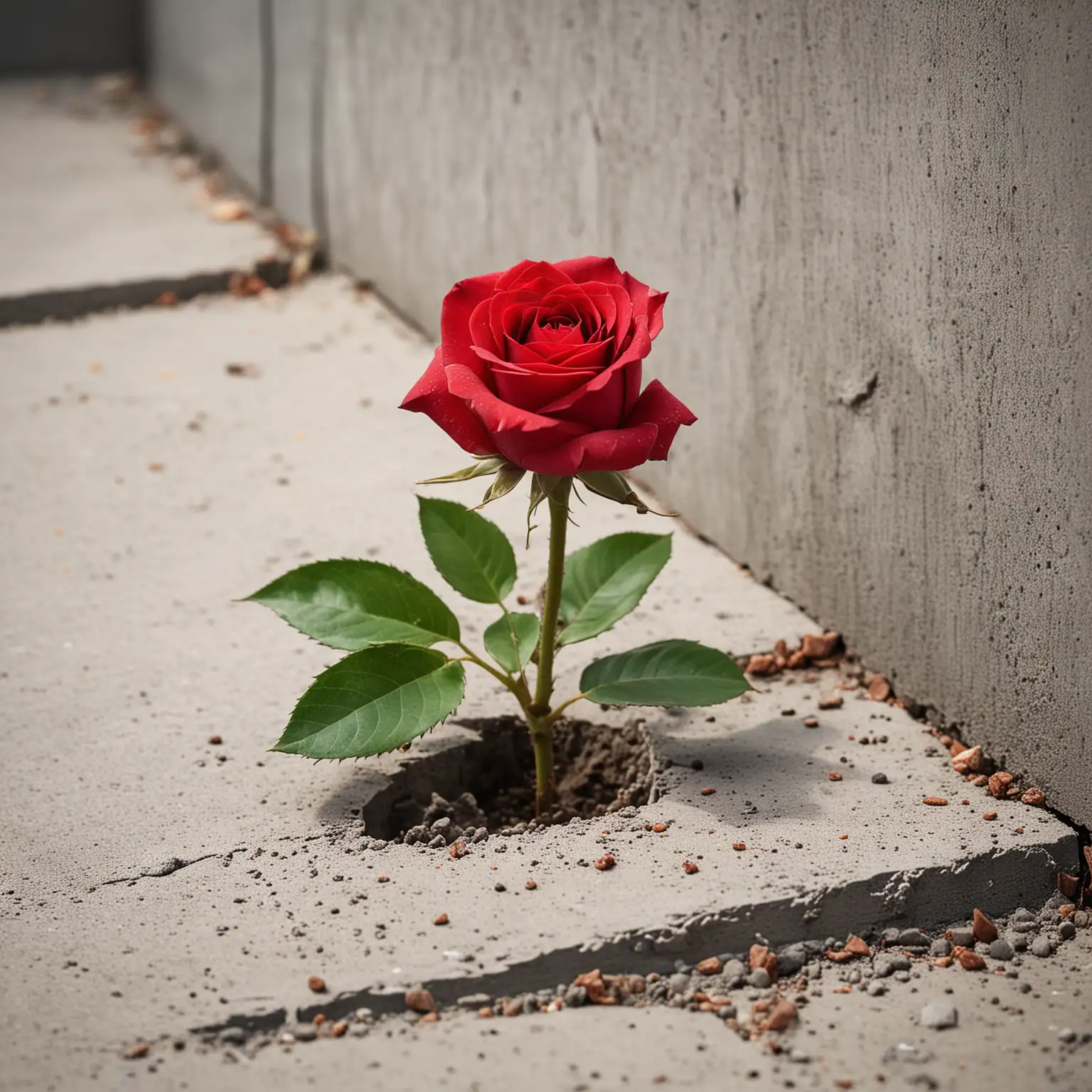 Single Red Rose Emerging from Solid Concrete