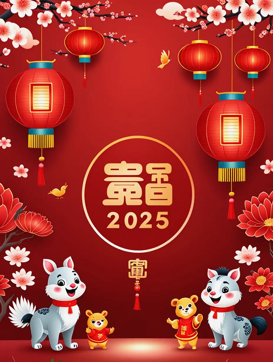 2025 Spring Festival poster, red background, cartoon lanterns and other decorations, no need for cartoon animals. Just lanterns and flowers.