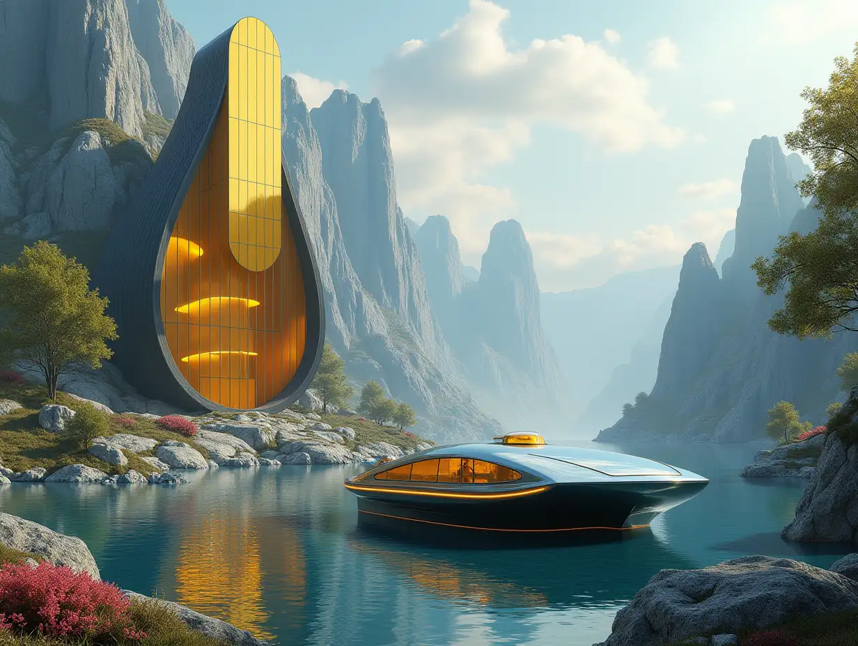 Create a high-resolution realistic image in 4k resolution a futuristic golden building with black, curved columns, mountains, large trees, rocks, flowers, a futuristic glass boat with a windshield on a cloudy sky