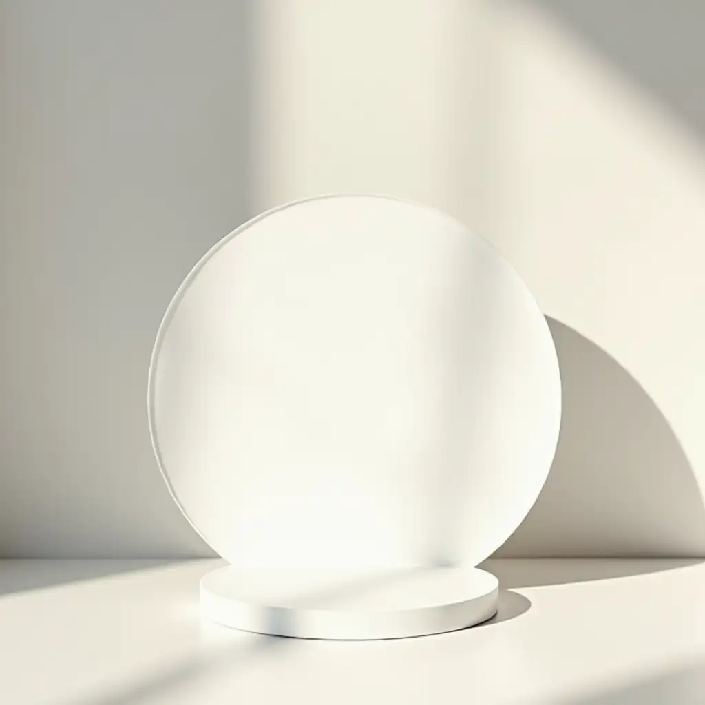 Minimalist-White-Round-Display-Stand-on-Desk-with-Window-Shadow