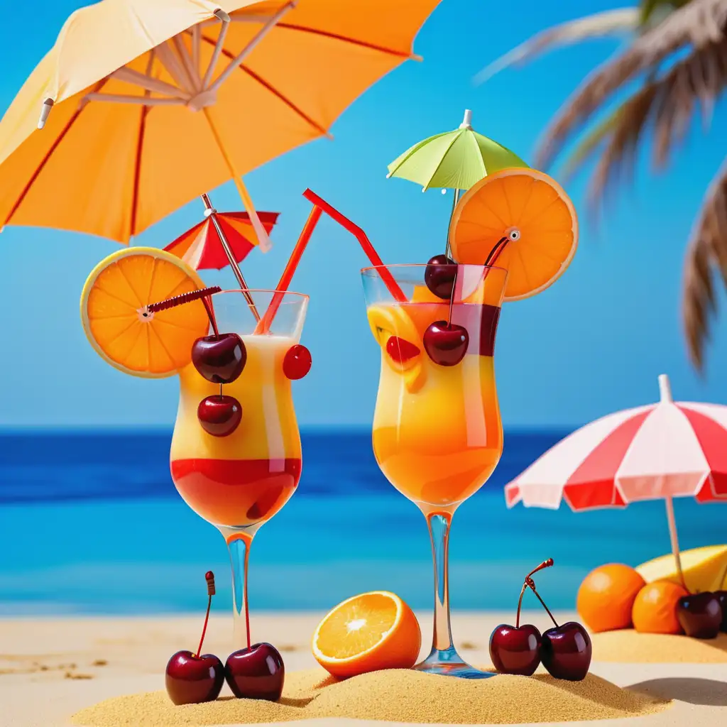 2 Beautiful glasses with fruit cocktail, with straw and umbrella, slice of orange and cherry on the sides of the glasses - stand on yellow sand against the background of a bright blue sea