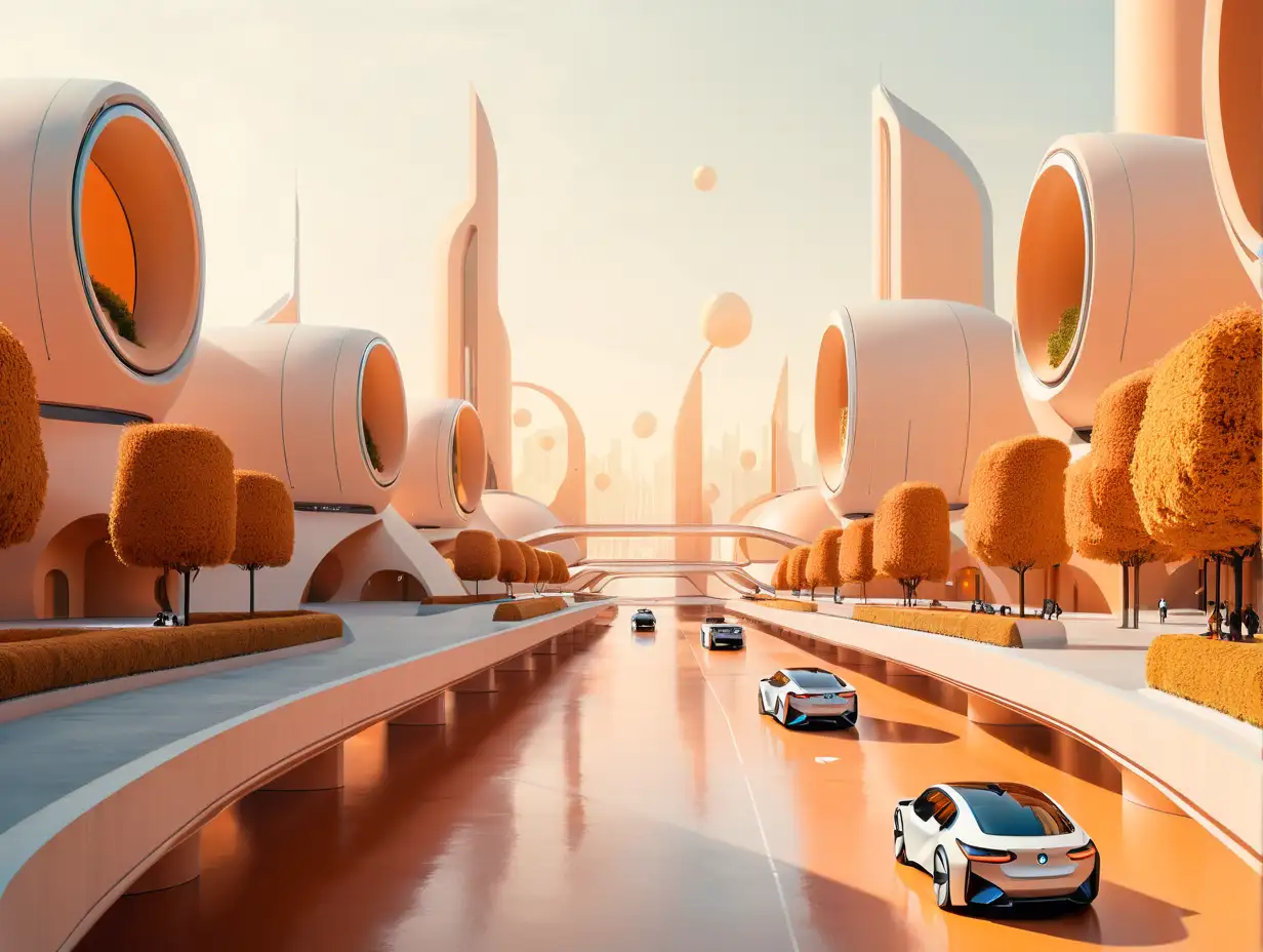 Futuristic ApricotColored Cityscape with SelfDriving BMW Car