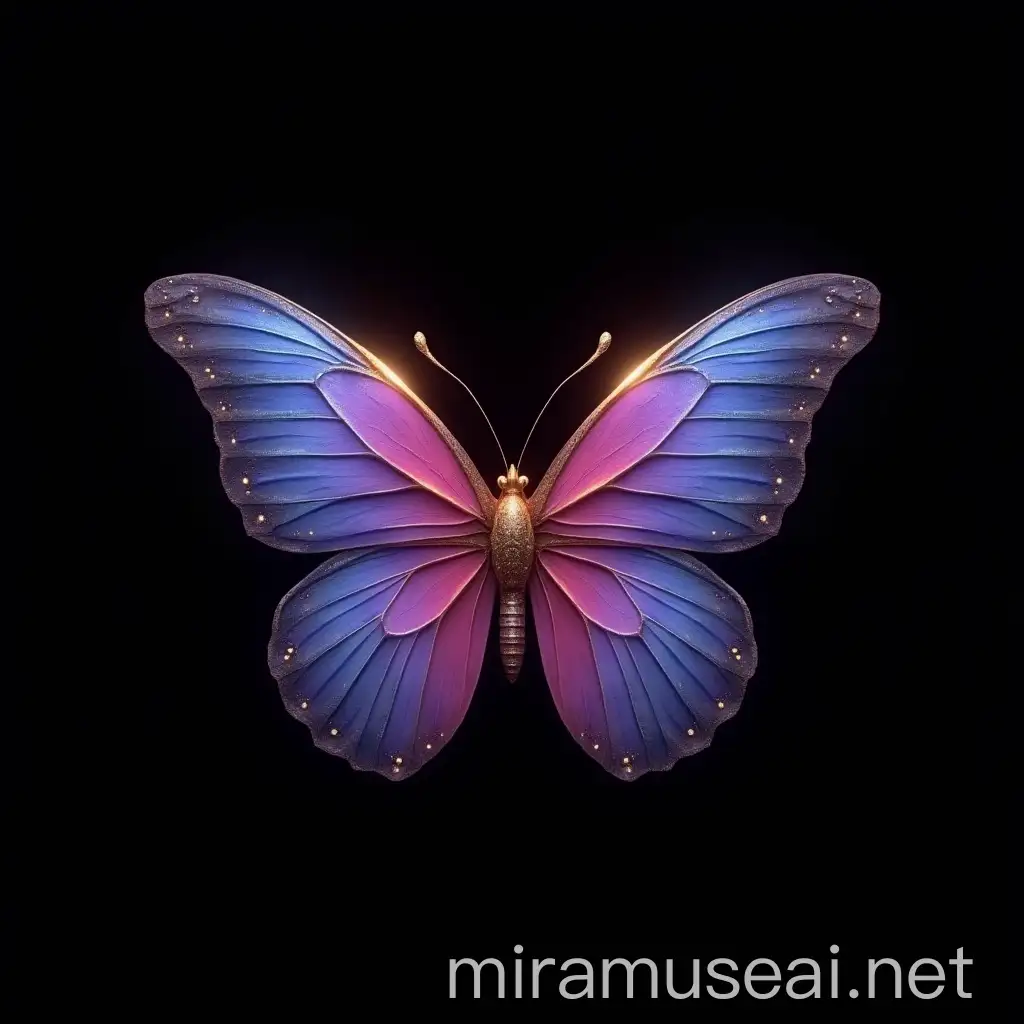 Realistic Butterfly with Neon Blue and Pink Colors on Black Background