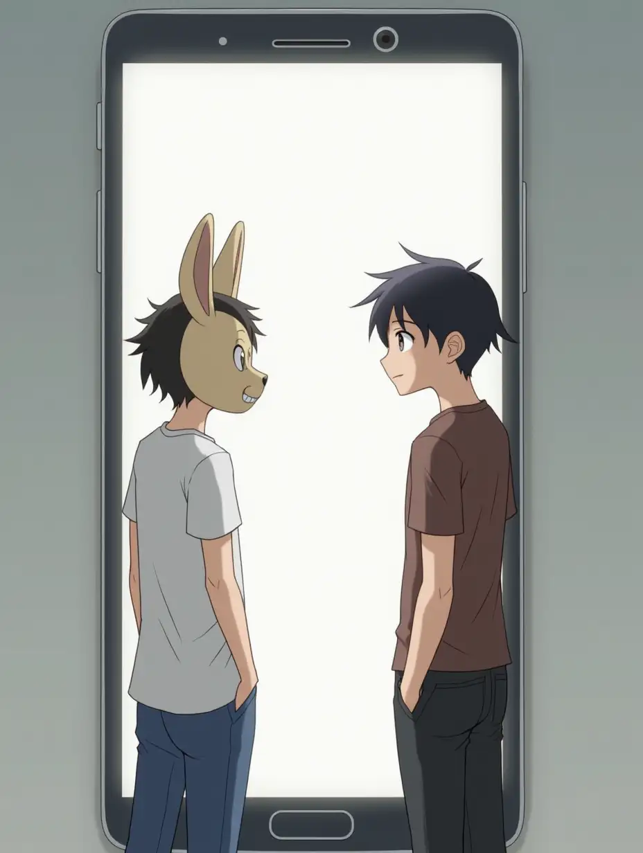 There are two boys in the picture. First boy is wearing a white t-shirt and he has a mask of a rabbit on this face. The second boy is wearing a brown t-shirt. They are standing in front if giant phone screen. They are discussing something between themselves. Anime style.