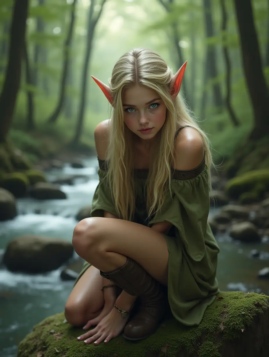 Realistic-Female-Elf-in-Forest-Crouching-by-River-with-Blonde-Hair-and-Green-Eyes