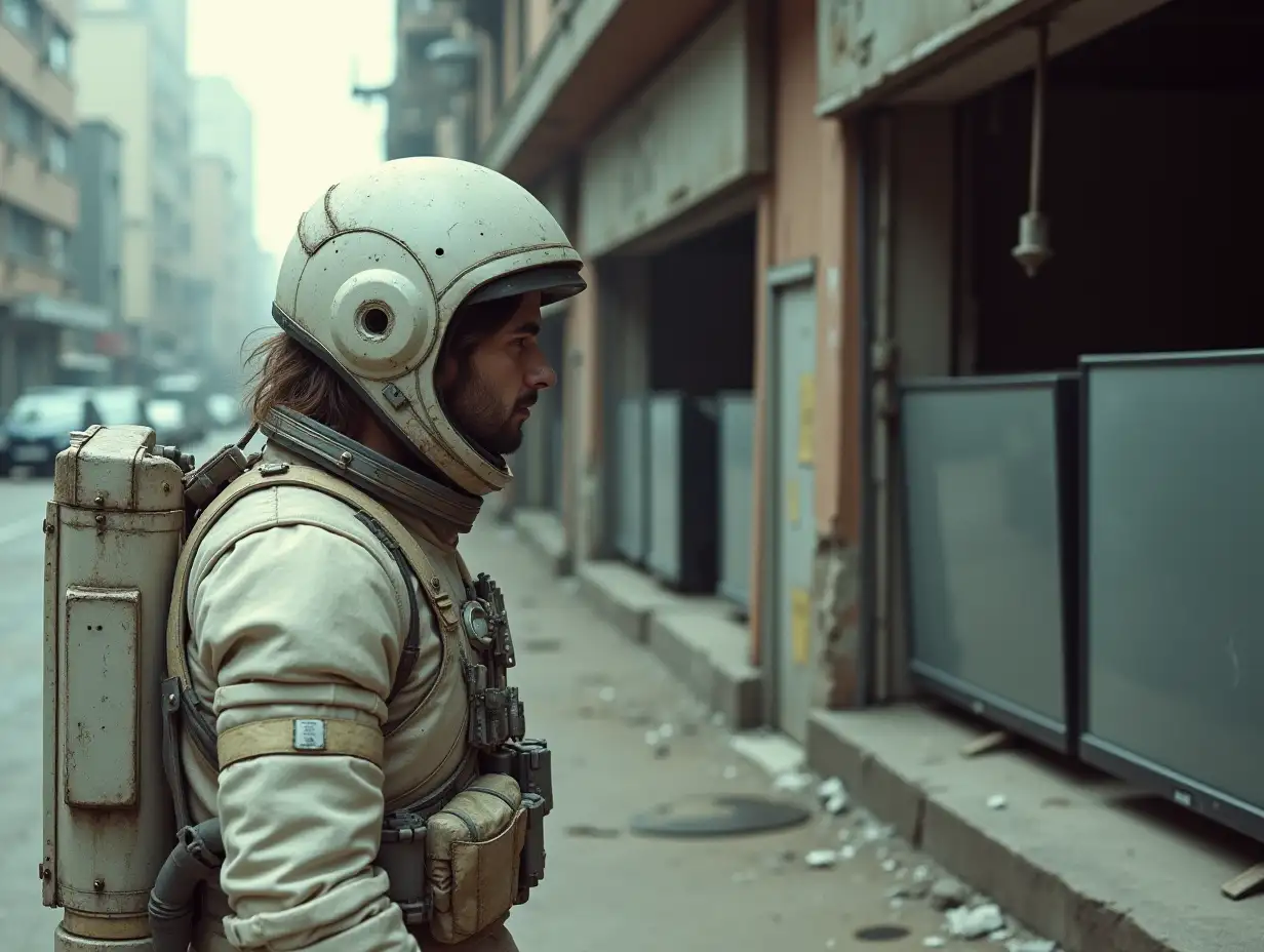 An astronaut, in an old ragged white space suit, no helmet, with long hair and stubble. In a ruined city, in a wide street, looks through the the broken window of a shop, with dusty flat screen TVs on display.