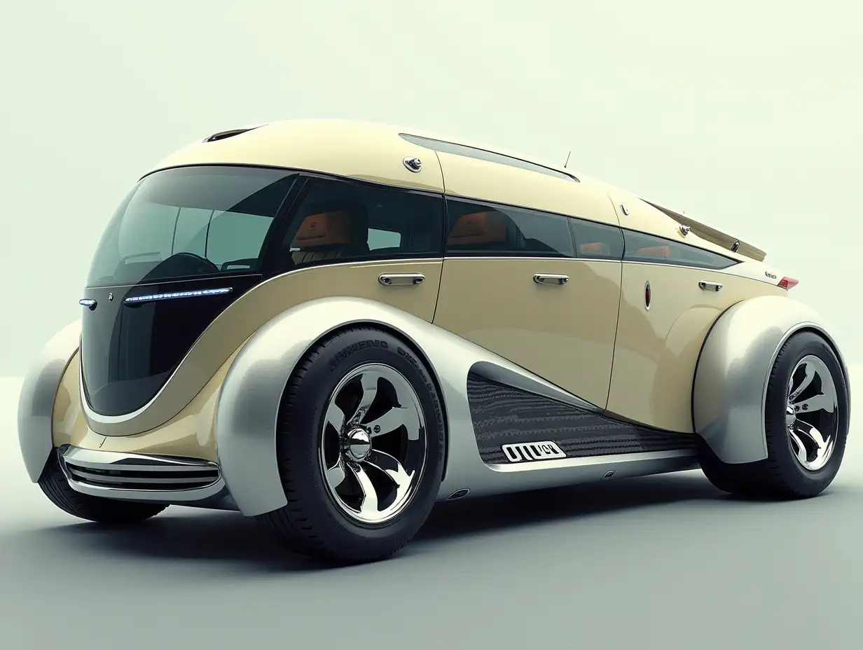 A supermodern utopian sportomnibus with gears, aluminum wheels, wide tires, cream, and silver color, utopian, silver-black striped, chrome wheels, Cyberpunk