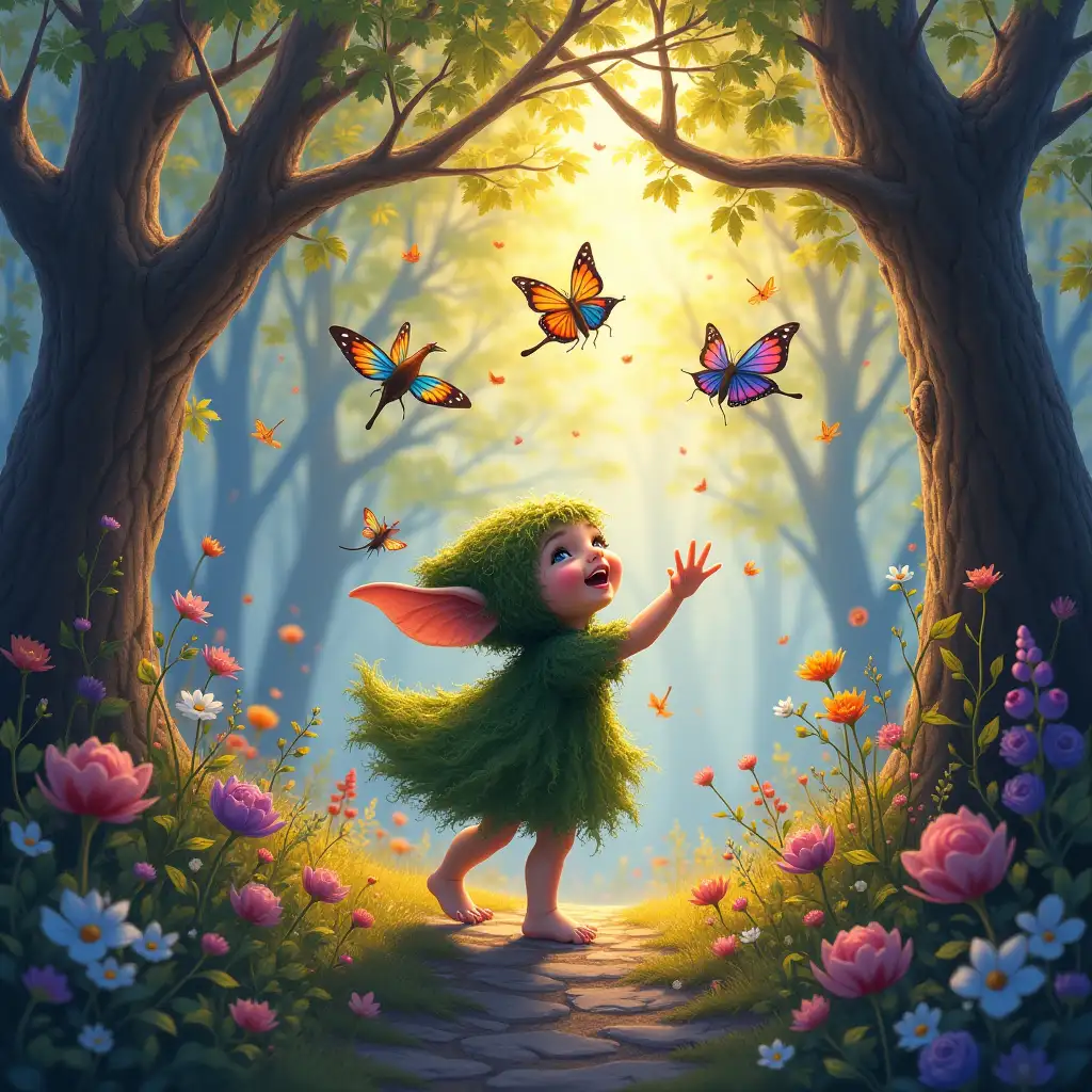 A delicate Goblin child, dressed in a whimsical cloak of glistening moss, dances through an enchanted forest at dawn. Their eyes sparkle with curiosity, as they reach out to gently stroke the rainbow feathers of a flock of singing firebirds. The sunlight filters through a canopy of luminescent leaves, casting a golden glow that dances with the iridescent wings of dragonflies and butterflies. The brushstrokes weave a tapestry of vibrant purples, blues, and emerald greens, capturing the child's infectious laughter and the fluttering energy of nature's symphony. The artist's masterful technique brings the scene to life, with each petal and feather rendered with a touch that conveys the magic of the moment.