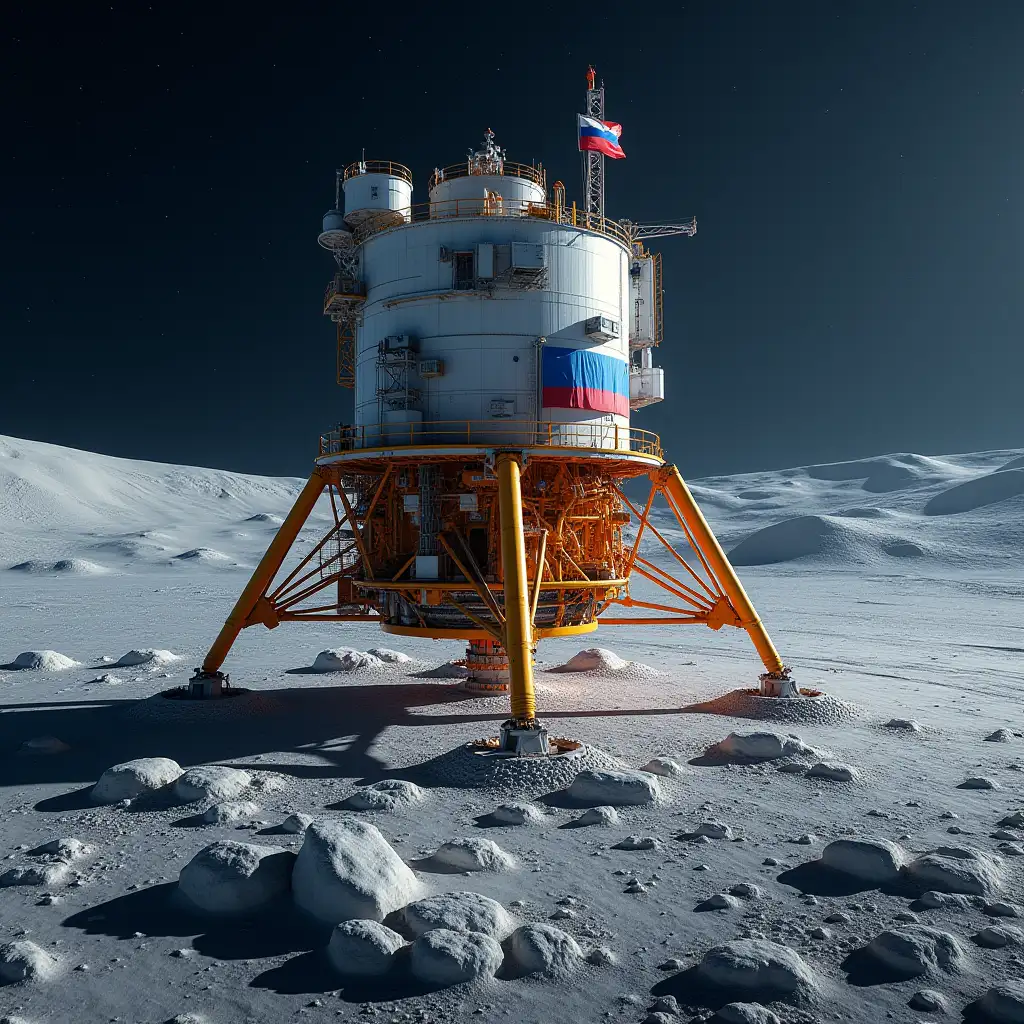 First Russian lunar industrial base, high resolution, professional photo, Russian flag