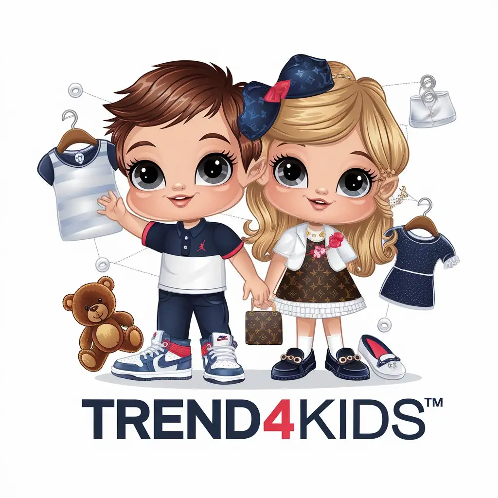 a vector logo design,with the text "Trend4kids", main symbol:Cute young boy with brown hair in sneakers nike jordan and polo t-shirt and cute young girl with blond hair in dress louis vuiton and loafers loro piana with small bag, toy bear, clothes hanger, clear background,complex,be used in Kids and women wear industry,clear background