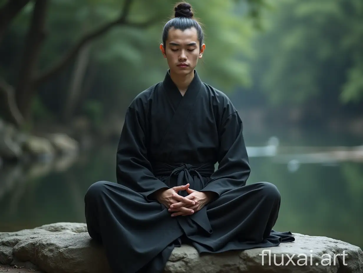 a Close-up of a young Chinese Taoist leader sitting on a stone, Meditation cross-legged，Daoism, Wearing a black robe， magic aura， Taoist master