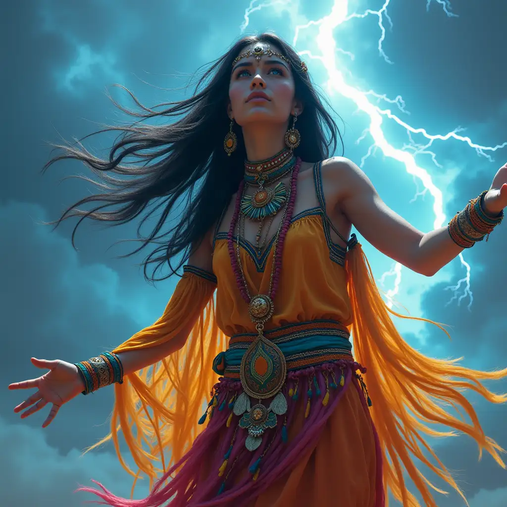 244 / 5,000 Beautiful and pretty shaman woman, elegant, slim, black hair, blue eyes, brightly colored Andean ceremonial clothing, Latina, arms outstretched, casting a spell, sky filled with light, lightning, realistic, fantasy, inspiring fantasy