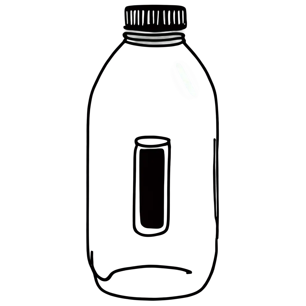 Minimalist-PNG-Image-of-TransparentPNG-Image-Usage-Scenarios-Water-Bottle-Polysorbate-Packet-and-Scattered-Pills-Handmade-Black-Line-Drawing