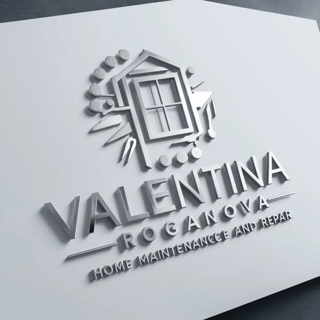 a logo design,with the text "Valentina Roganova", main symbol:Logo for work in the field of maintenance and service of windows, furniture, small repairs at home, home master, handyman, a picture with tools, the letters are laid in the names Anna Alexei Arina, surname Zaborsky. Light logo, letters expressive with silver inserts, photo light.,Moderate,be used in Construction industry,clear background