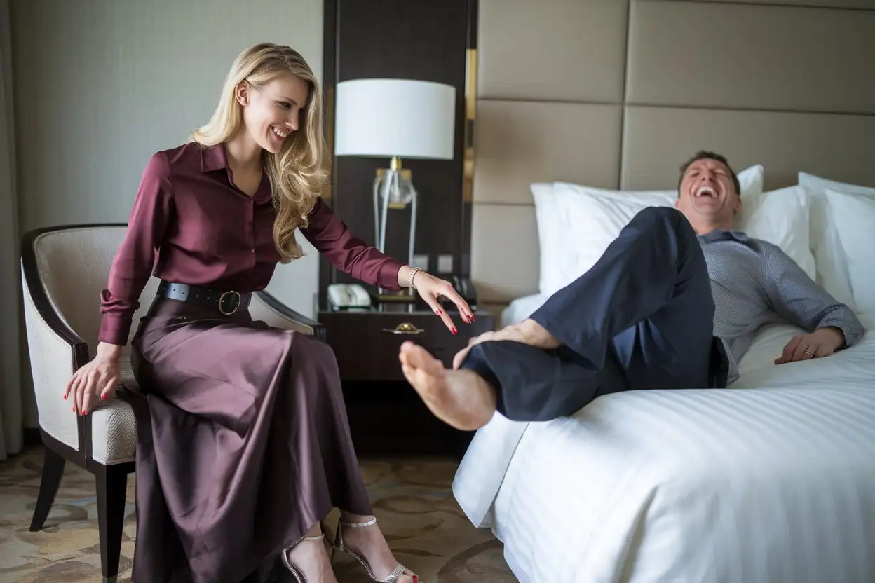 Luxury-Hotel-Room-with-Woman-Playfully-Touching-Husbands-Feet