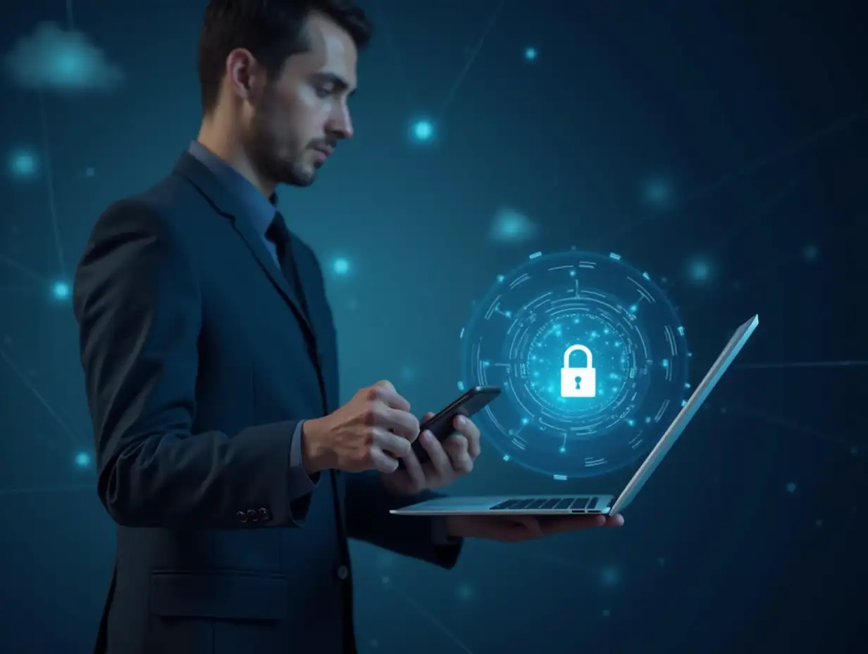 Cyber security network. Data protection concept. Businessman using laptop computer and mobile phone with padlock on network security technology with cloud computing, data management, cybersecurity