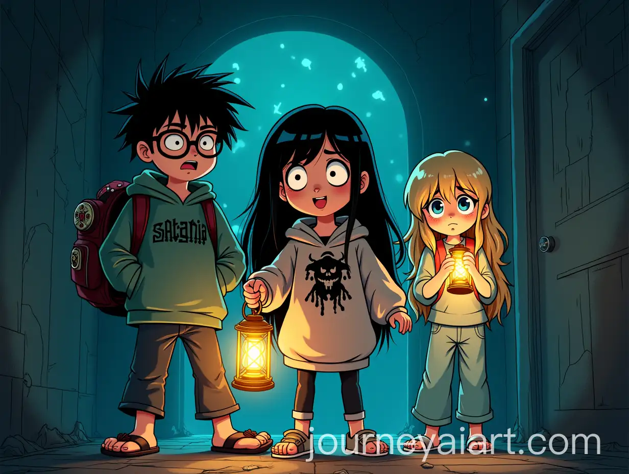 Group-of-Friends-Exploring-a-Haunted-House-with-Lanterns-in-Suspenseful-Atmosphere