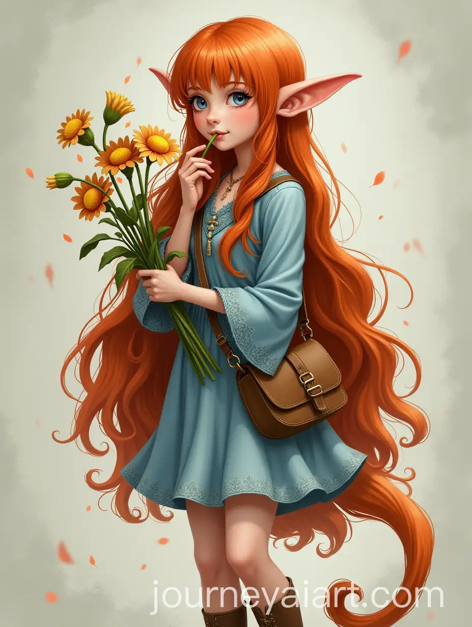 Redhead-Elf-with-Long-Hair-Chewing-Flowers-in-SkyBlue-Dress
