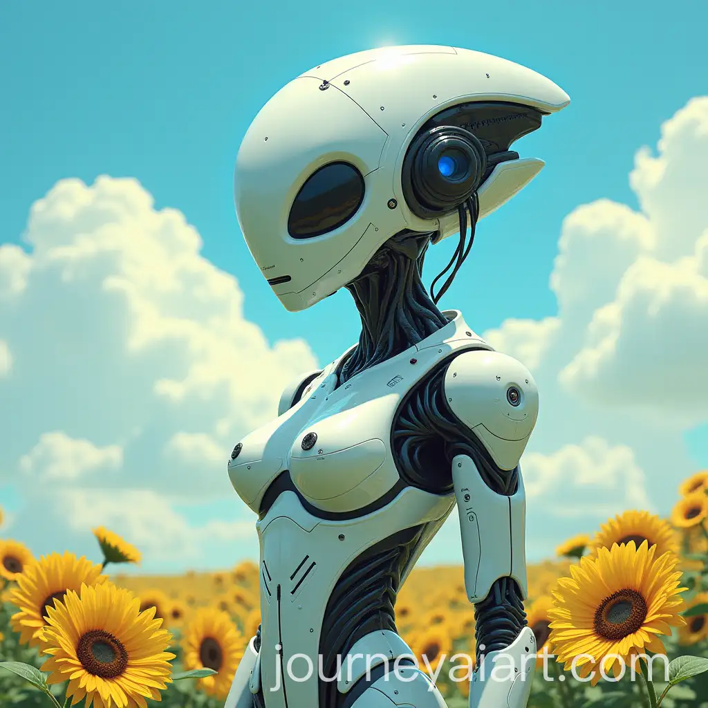 Cyberpunk-HumanBot-Hybrid-with-Sunflowers-Under-Blue-Sky-and-Clouds