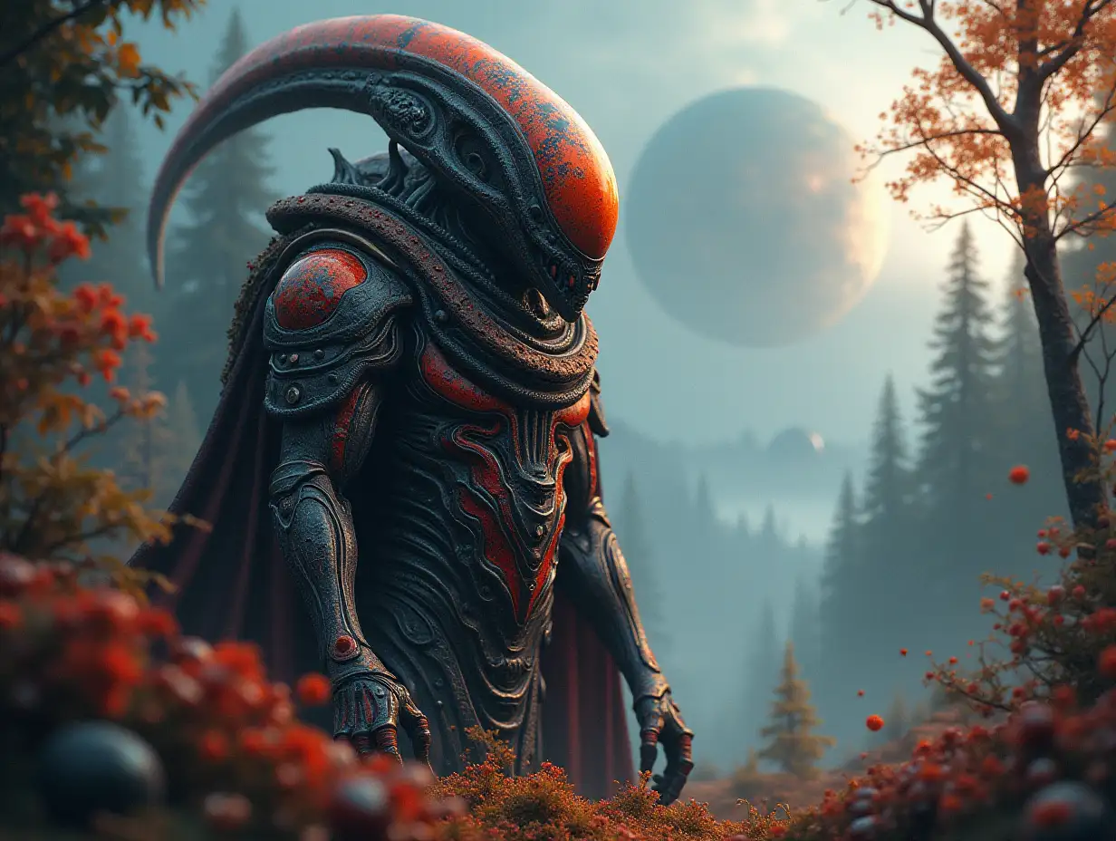 Hyperrealistic portrait of a gpanzerter metal alien king 10 meters tall with the intricately detailed, colorful forested planet background