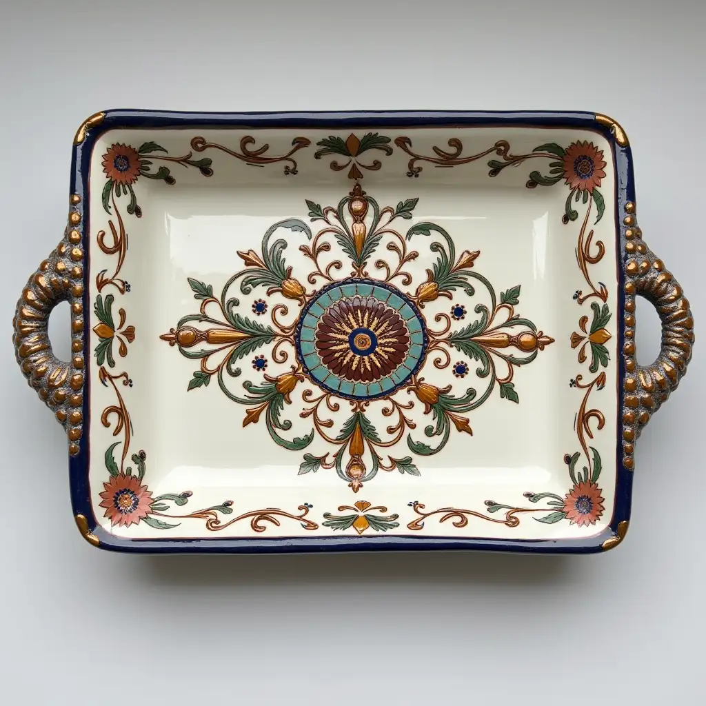 Bracketed rectanglere with rounded corners ceramic serving dish with embossed beautiful Ceramic handle, Underglaze painting on white body, Fine art, Hyper detailed, Antique and old, Qajar art, Iranian Tabriz carpet design