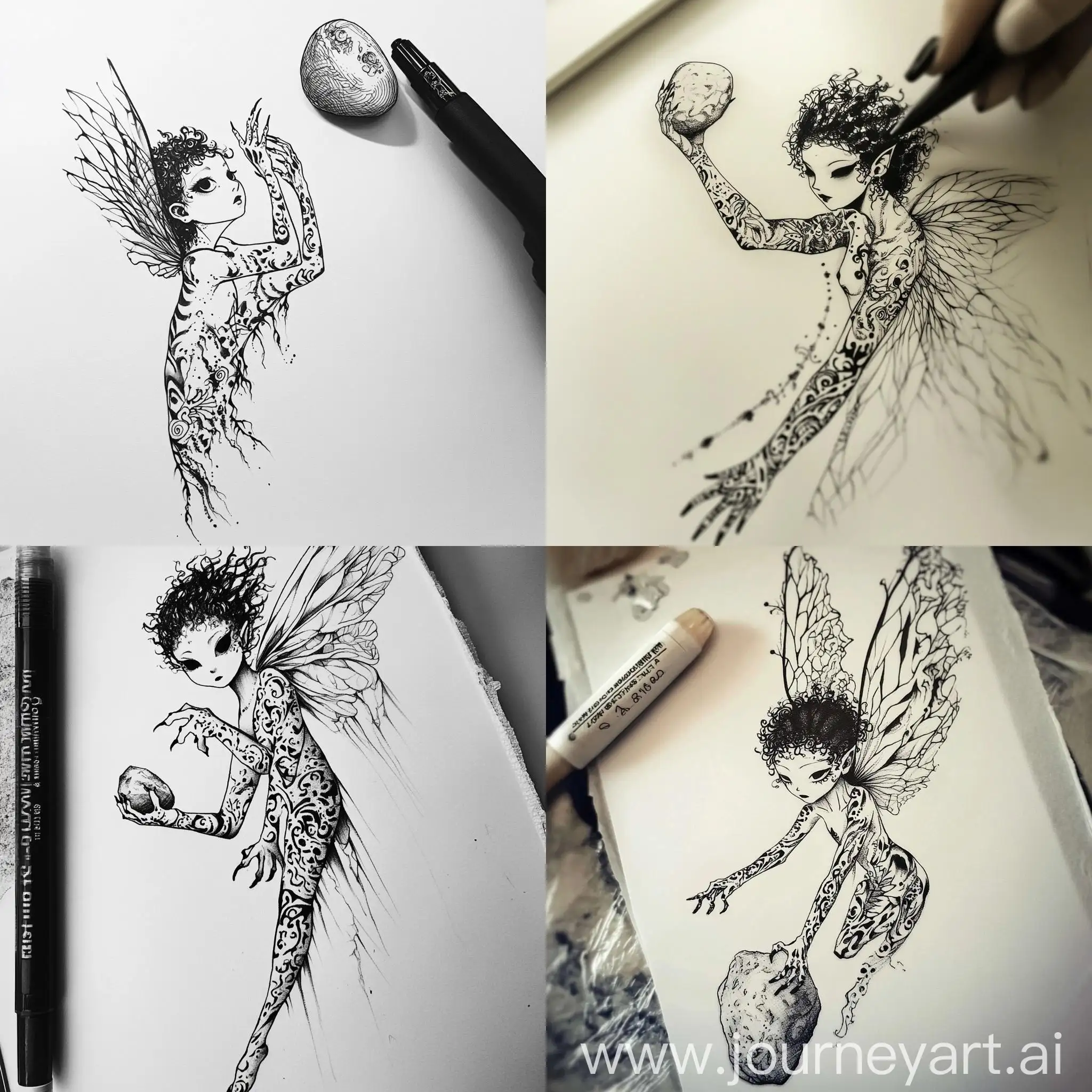 Black-and-White-Tattoo-Sketch-of-Scary-Thin-Fairy-Reaching-for-Stone