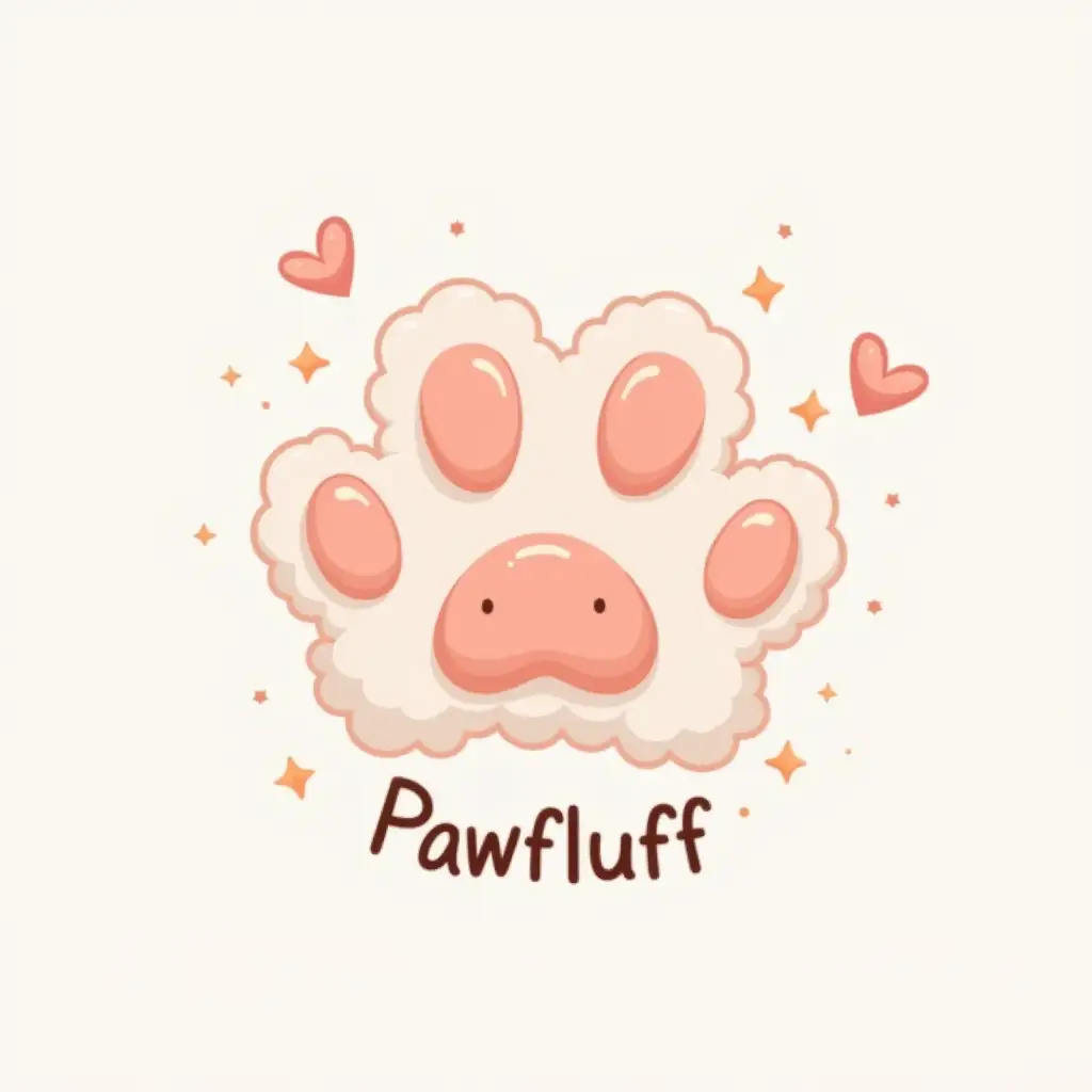 Design a whimsical and playful logo for 'Pawfluff,' featuring a fluffy, cartoon-style animal paw with soft, cloud-like textures. The paw is surrounded by cheerful sparkles, a light pastel gradient background, and subtle hints of fur. Incorporate a heart shape subtly into the paw design to evoke cuteness and warmth. The overall style should feel friendly, fun, and inviting, with a modern cartoon aesthetic.