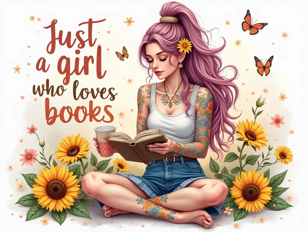 art deco style, Watercolor art. Create a hyperrealistic illustration of a young woman sitting cross-legged, deeply engrossed in a book. She has long, flowing hair with vibrant pastel colors, accentuated by floral accents woven into her hair. Her skin is adorned with intricate tattoos, showcasing a variety of artistic designs. The woman holds a coffee cup in one hand, while the other gently cradles the book. Surround her with a lush backdrop of bright sunflowers, delicate butterflies, and colorful blooms, creating a vibrant atmosphere. Incorporate a sprinkle of pink glitter around the edges for a whimsical touch. The text 'Just a girl who loves books' should be bold and playful, artistically integrated into the scene, using a mix of typography that captures the essence of youth and creativity. The overall color palette should be warm and inviting, blending soft pastels with rich, vibrant hues.