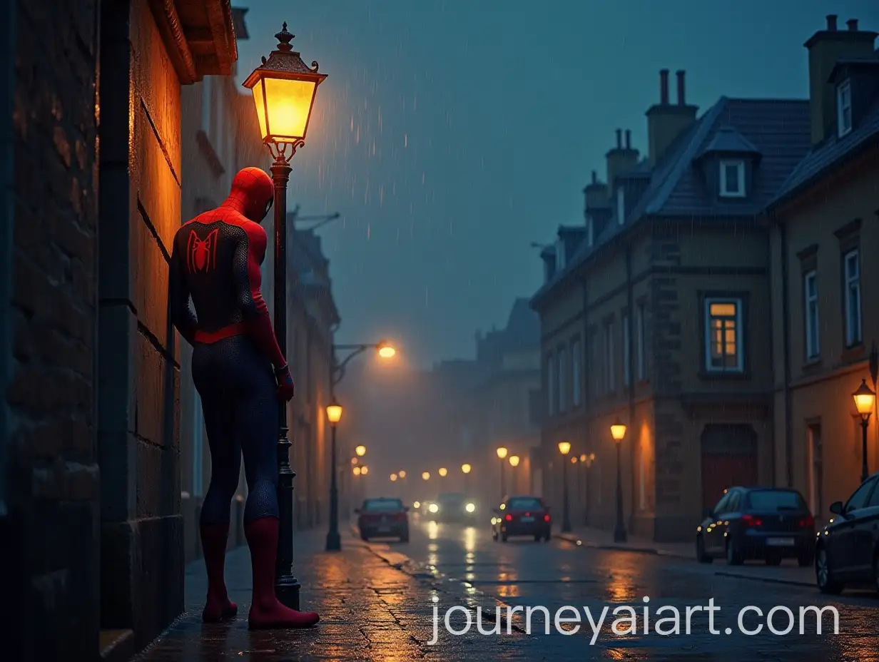 Spiderman-Climbing-Lamppost-in-Rainy-Night-Street-with-Cobblestones