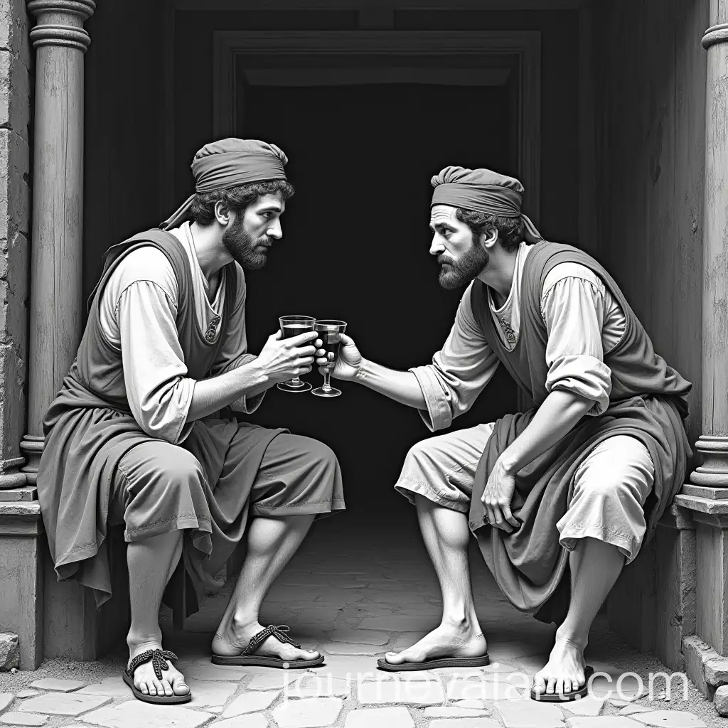 Two-Men-in-an-Ancient-Booth-with-One-Offering-His-Shirt-Unknowingly-in-Black-and-White