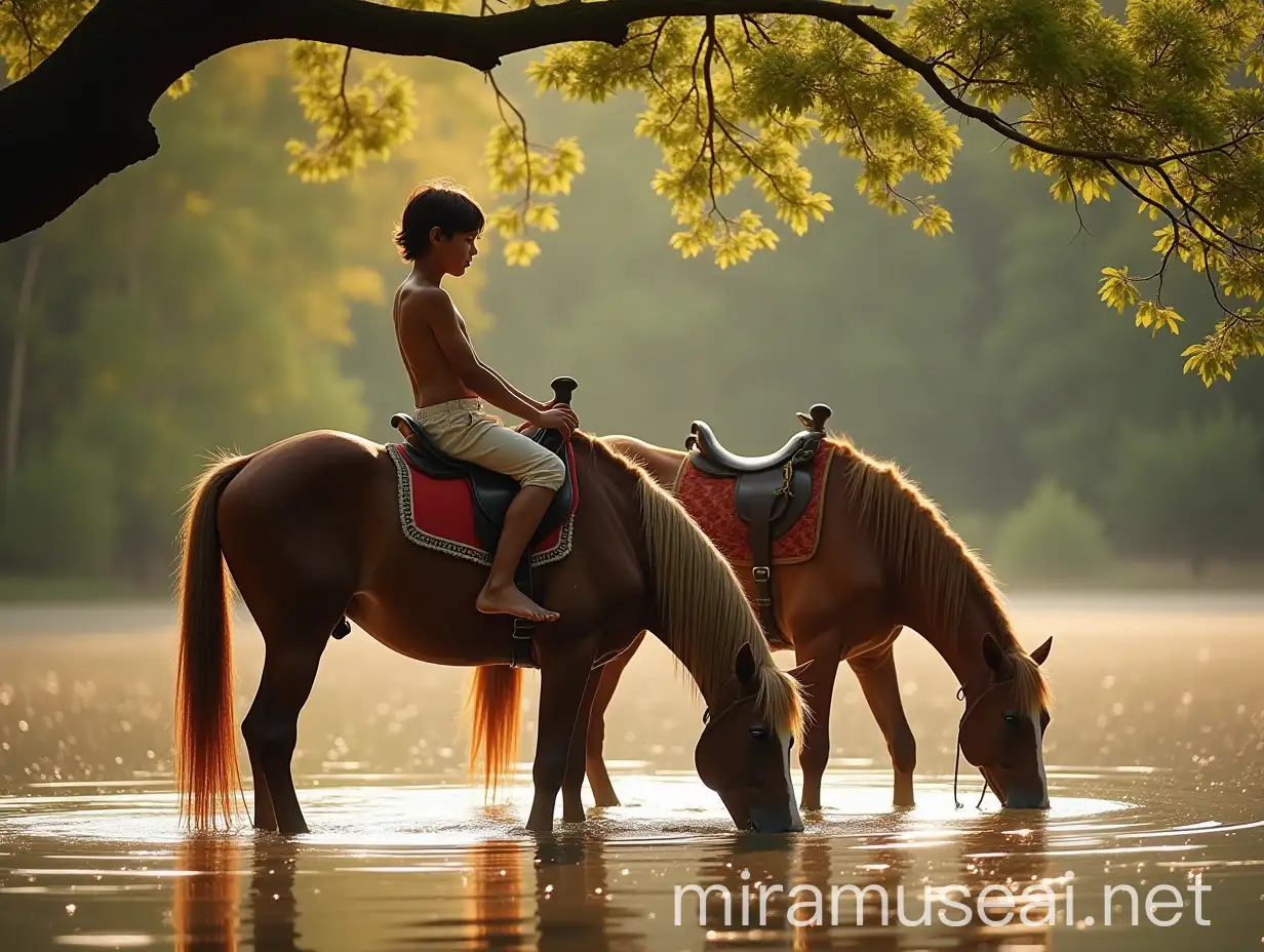 Roma Gypsy Boy in Harmony with Horses by a Tranquil Lake