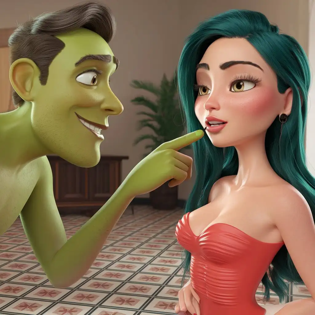 Cartoon-Man-Gesturing-Toward-Attractive-Woman-in-3D-Room