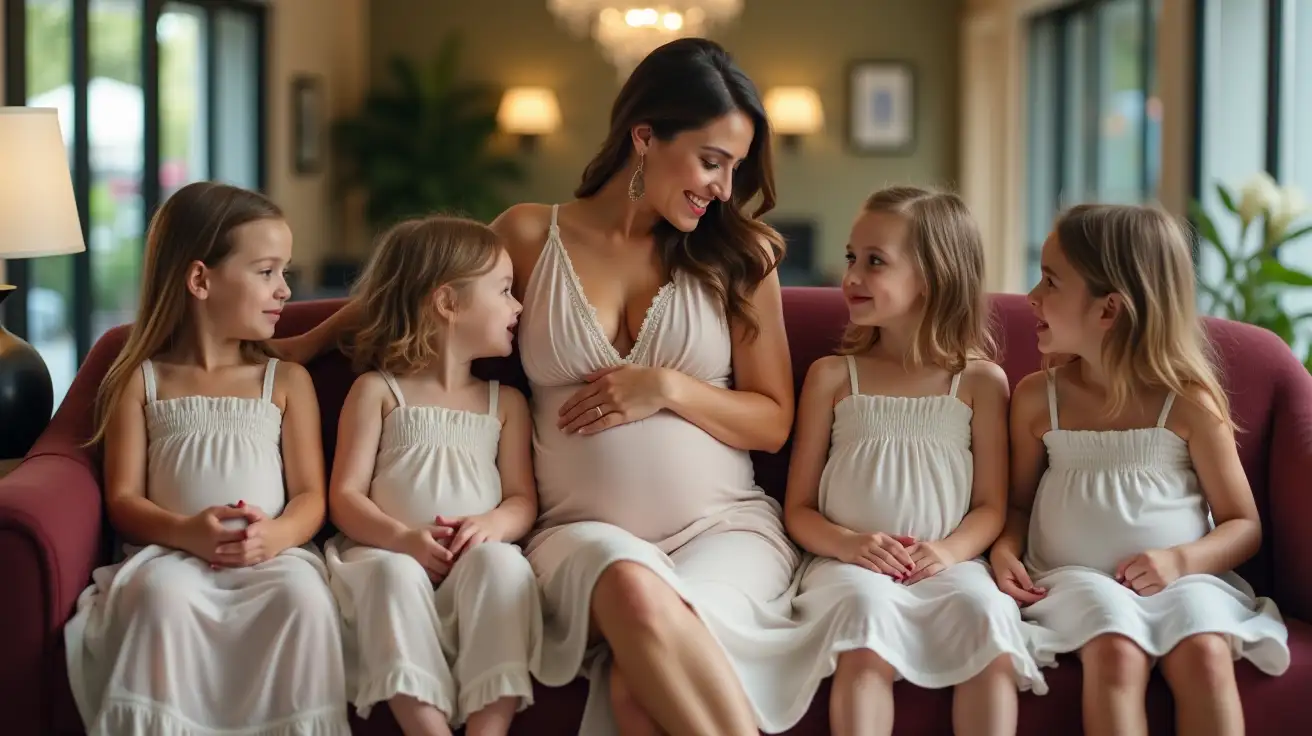 Pregnant-Mother-and-Daughters-in-Sun-Dresses-Sitting-in-Lobby